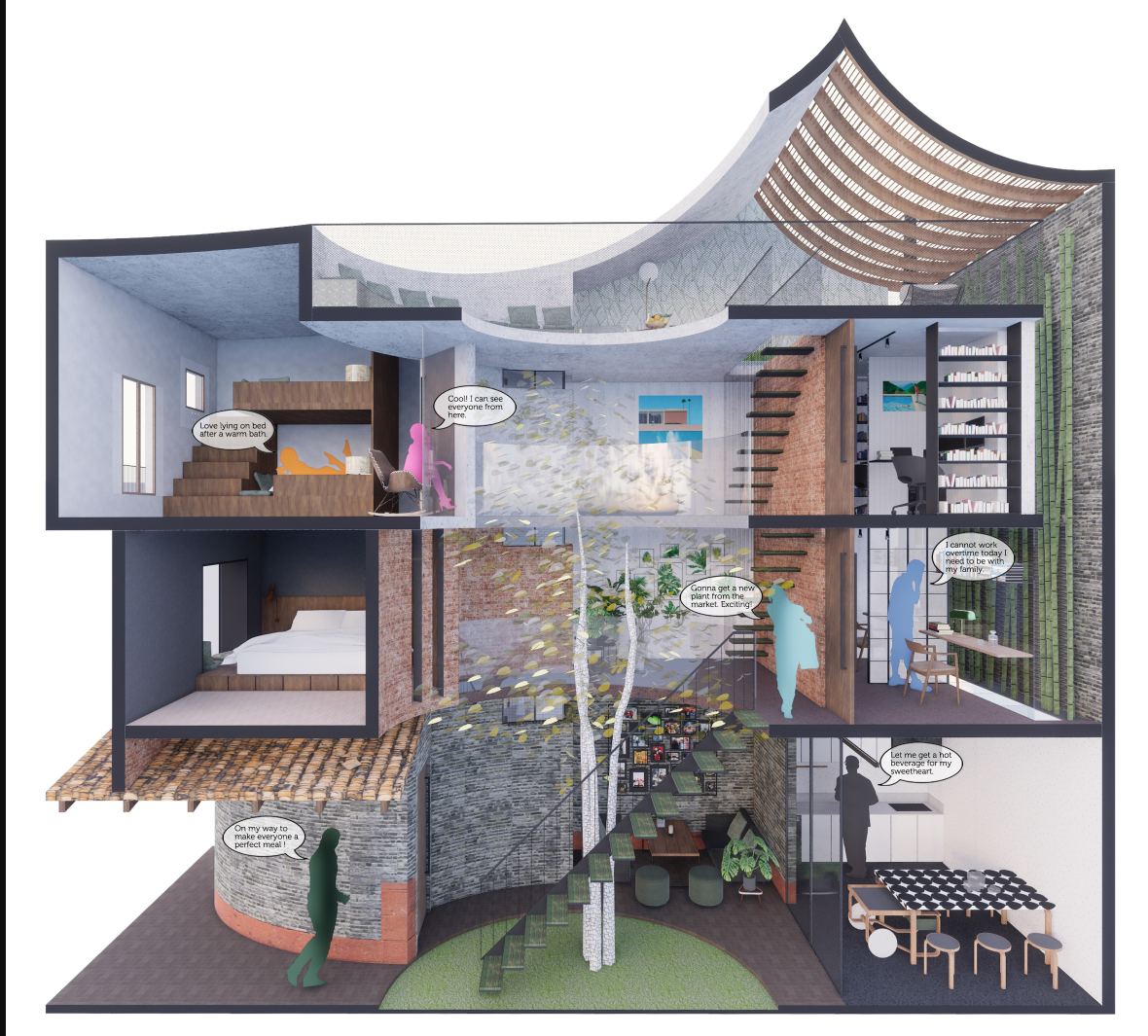 A vertical slice through the house showing interactions between generations across interconnected floors and shared spaces.