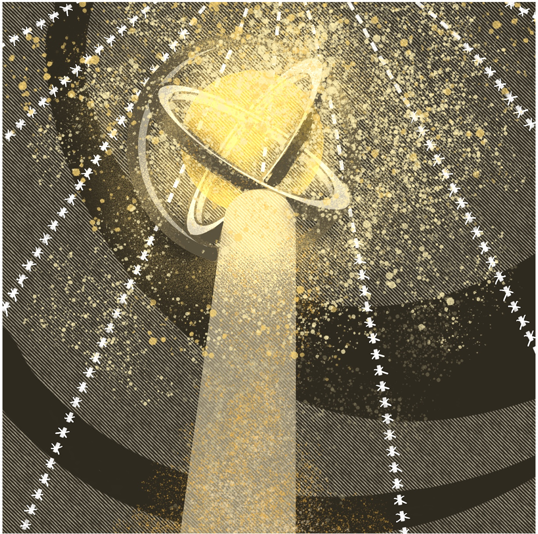 Aerial view rendering of the twisted tower structure with golden light emanating at dusk