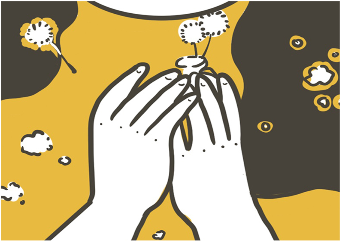 Illustration of hands holding dandelion seeds with floating particles in warm and dark tones