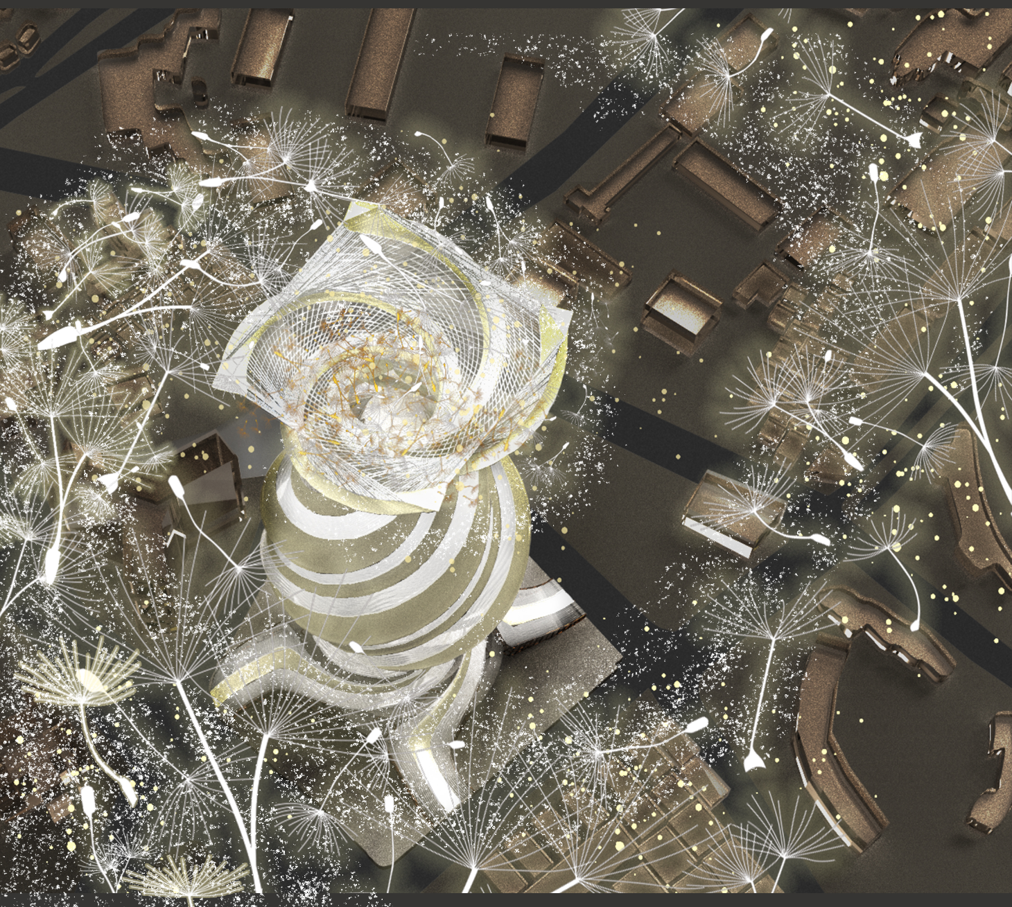 Aerial view of a spiraling white pavilion structure surrounded by illuminated dandelion sculptures at night