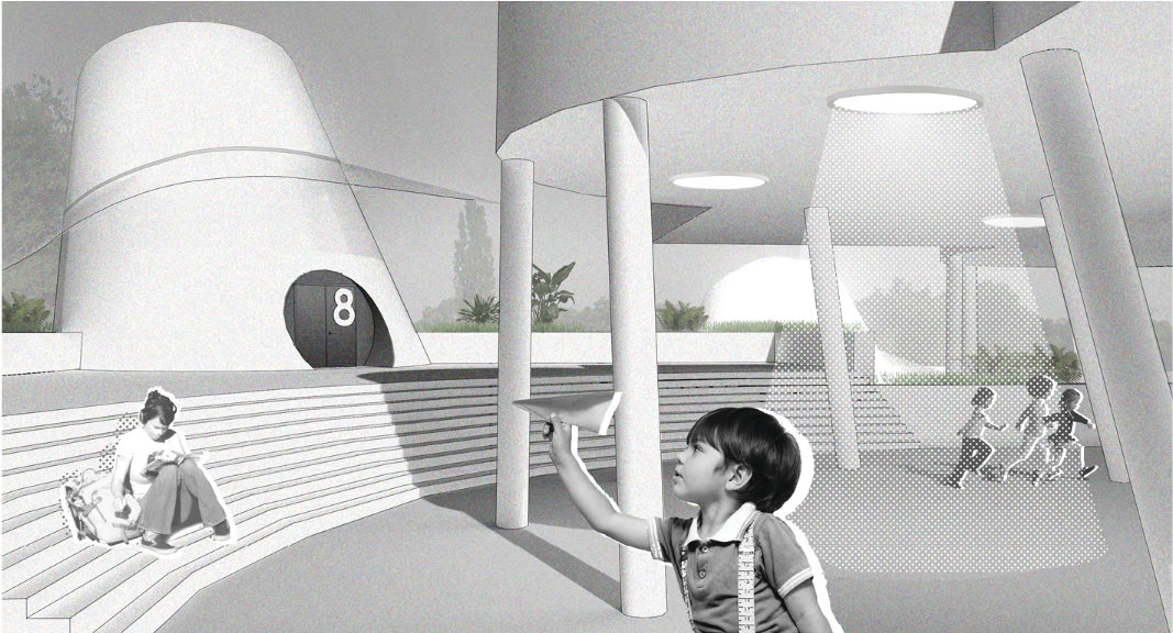 Interactive learning courtyard where lunar cones meet play and discovery for children.