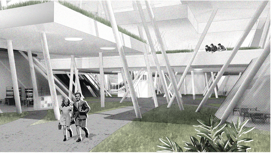 Ground-level atrium with inclined structural columns mimicking satellite antennas.