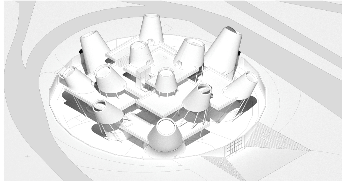 Axonometric view revealing the modular lunar crater-inspired structure.
