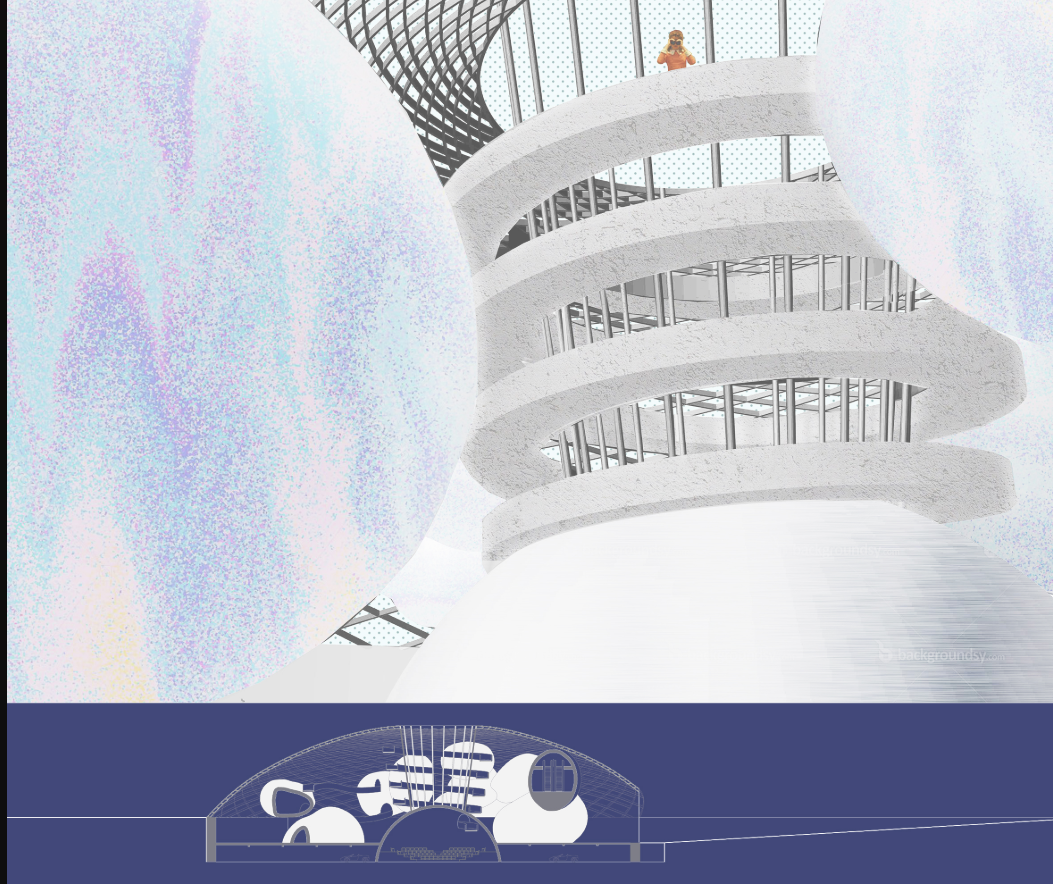  A spiraling walkway inside the dome invites children to explore vertical space, surrounded by soft planetary forms.