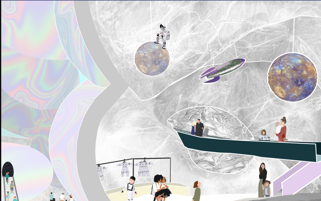 Children interact with floating planets and futuristic scenes in playful, immersive environments inspired by space exploration.