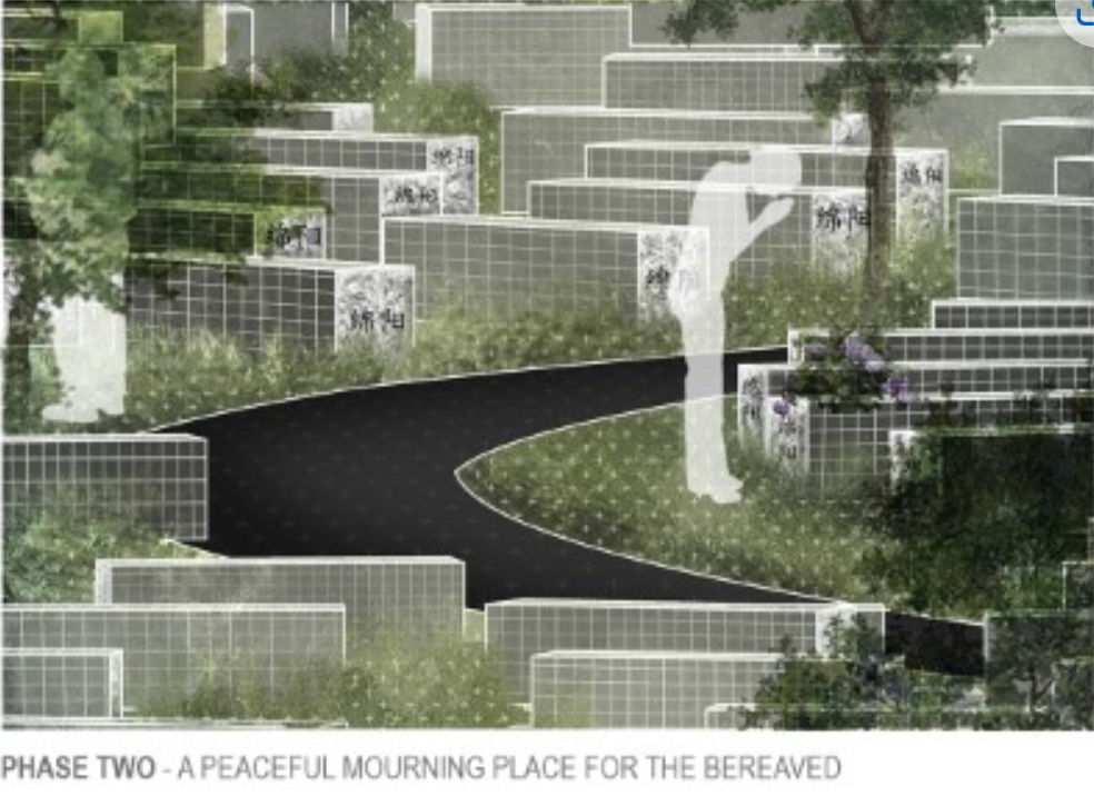 A peaceful mourning path among gabion memorials and growing greenery.