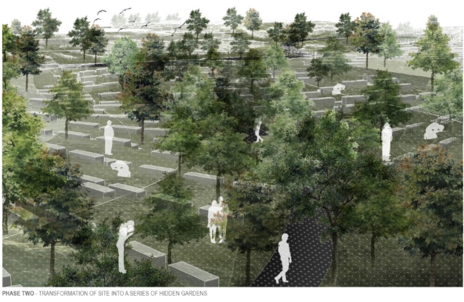 Burial site evolves into a series of hidden gardens blending memory and nature.