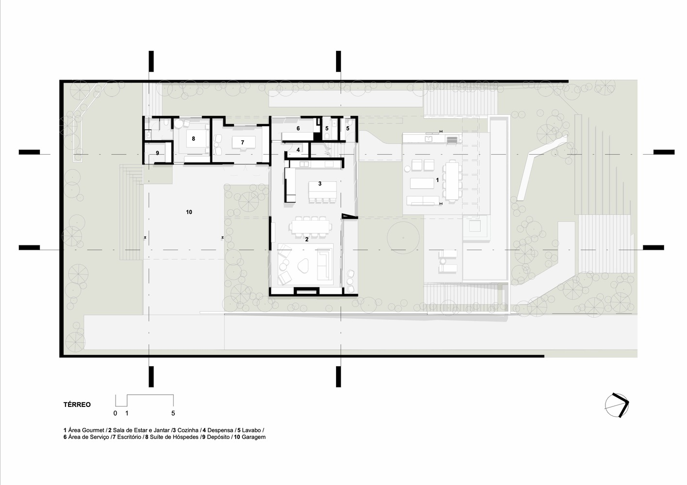 Ground floor plan showing living spaces opening to courtyard and pool area