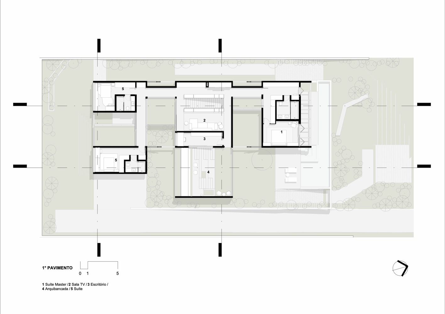 First floor plan showing bedroom suites and terraces with landscape buffers