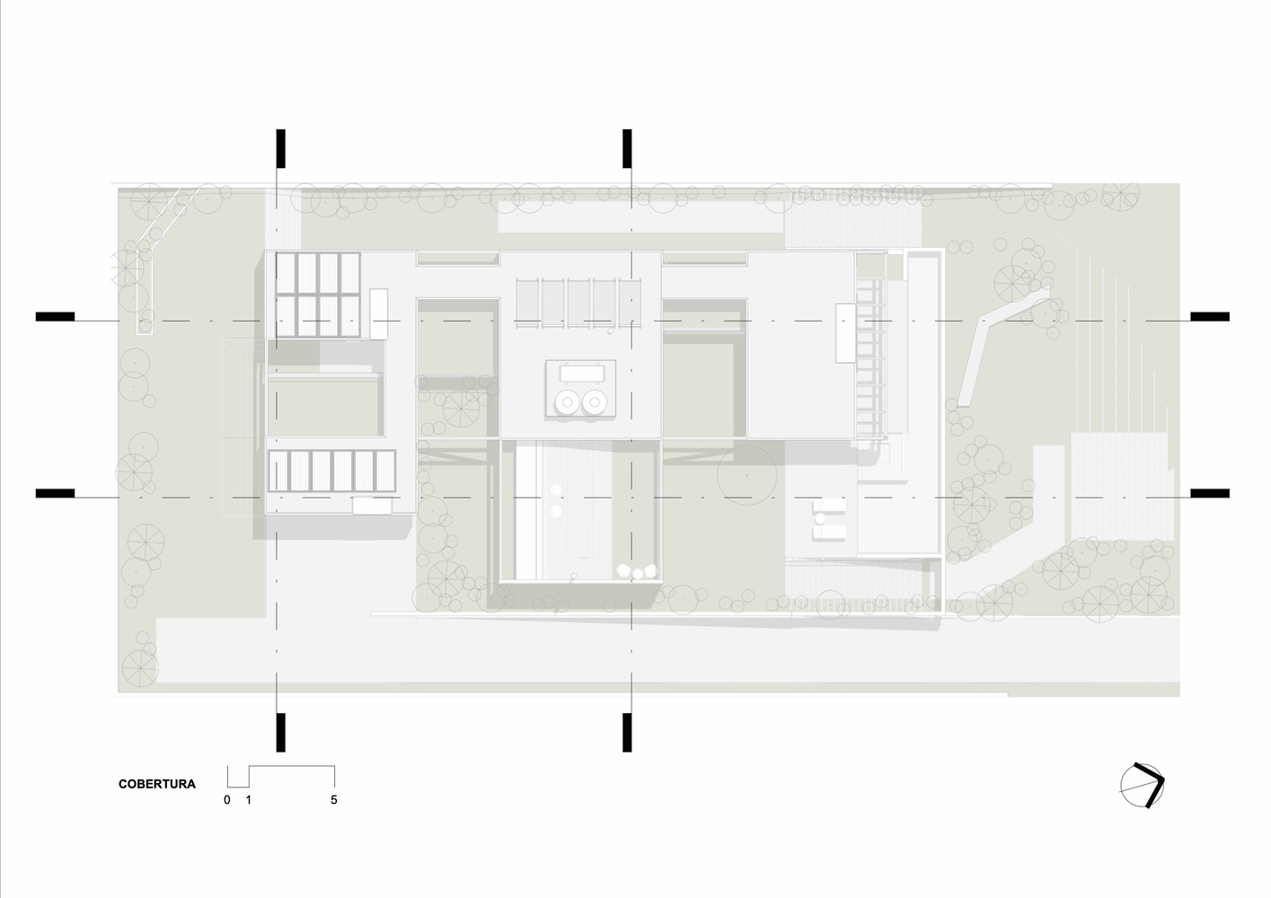 Roof plan showing the arrangement of upper terraces and circulation cores