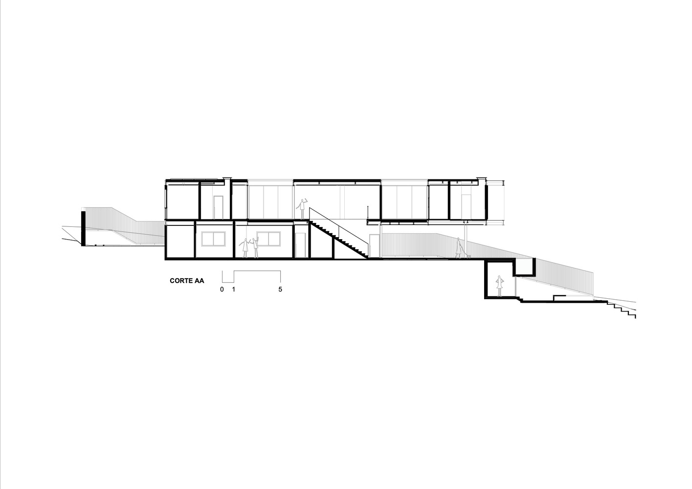 Section drawing revealing the multi-level volumes stepping down the sloped site