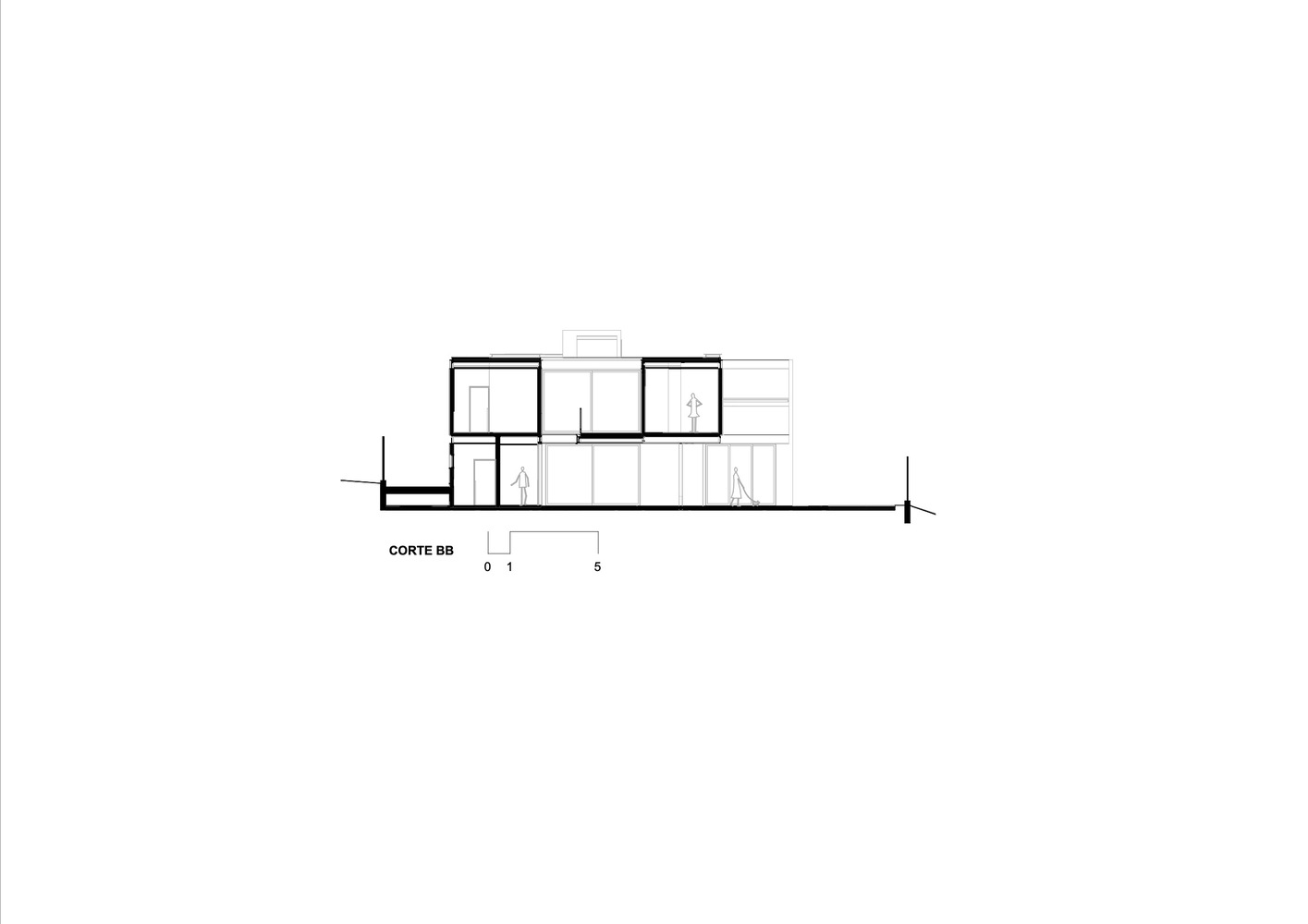 Section drawing showing the two-story massing and interior spatial relationships