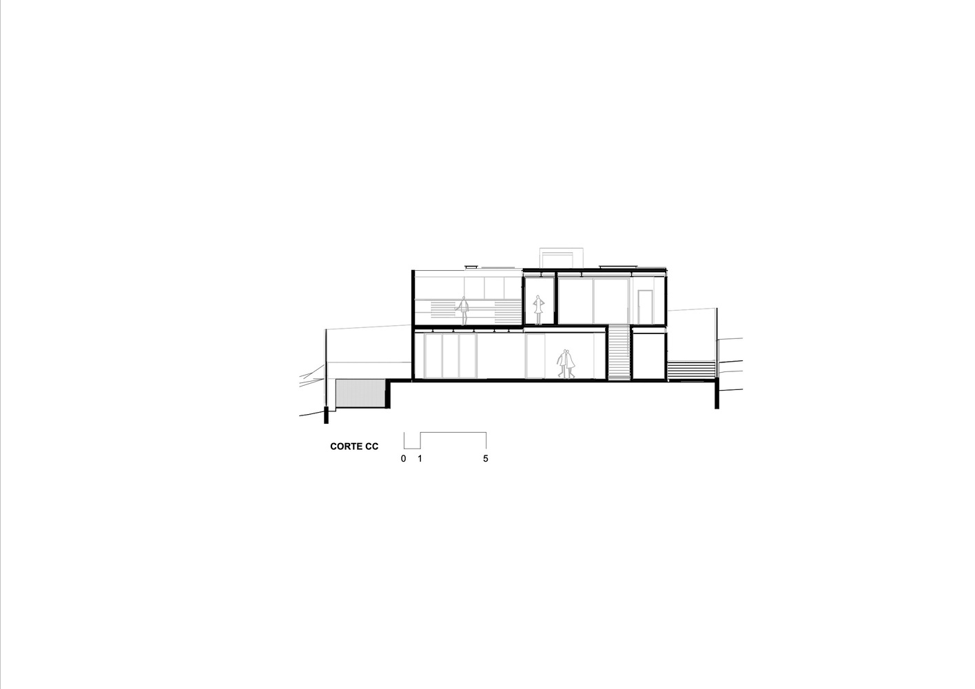 Section drawing showing a two-level residence with stepped volumes and interior courtyard space