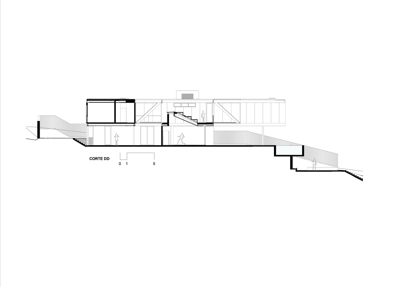 Section drawing illustrating the sloping site with multi-level interior spaces and exterior stairs