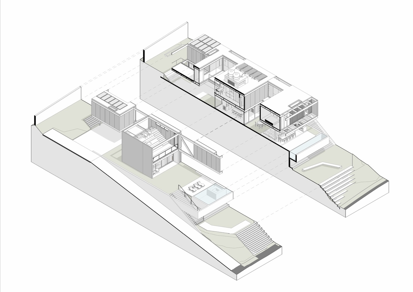 Axonometric drawing revealing three split-level volumes with kitchens, staircases, and terraced outdoor areas