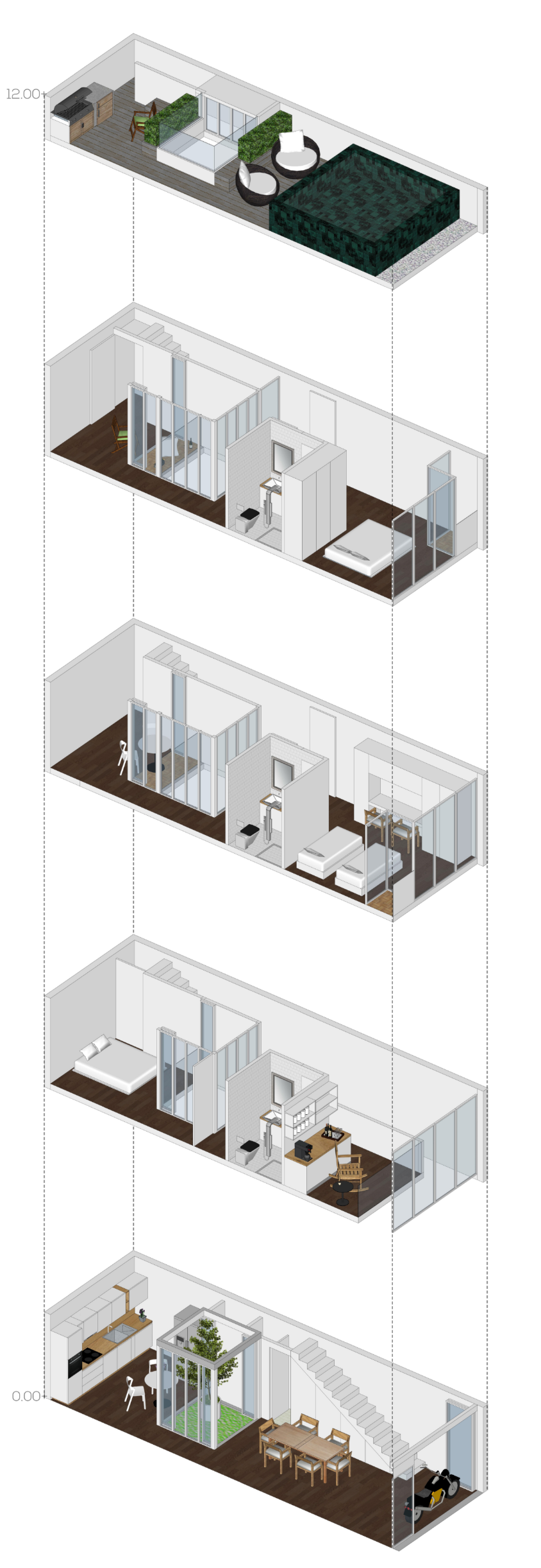 Isometric breakdown of all floors highlighting the spatial layering and vertical circulation.