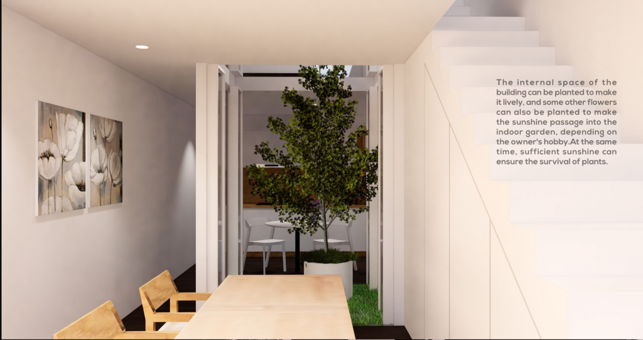 Central indoor garden brings nature into the core of the home, illuminated by a sunlight channel.