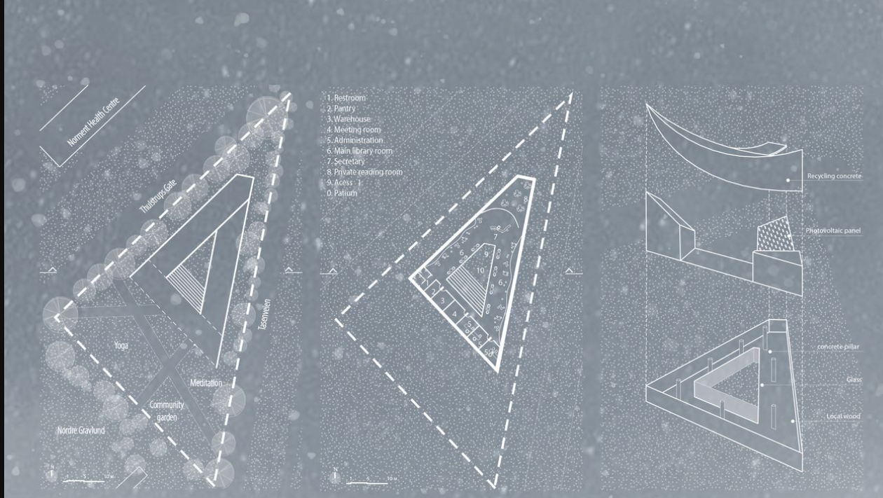 A triangular site plan integrates community spaces, green buffers, and sustainable features like photovoltaic panels and recycled materials.