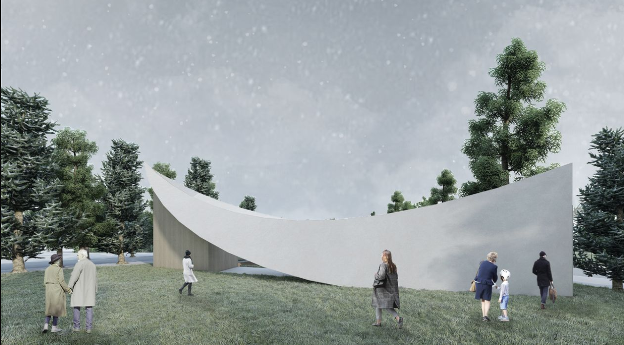 A sculptural, curved facade rises from the snow-covered landscape, blending architecture with nature in the Norwegian forest.
