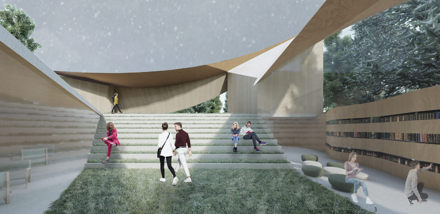 The sunlit patium forms a social heart, where grass seating steps and circular furniture encourage pause, interaction, and reflection.