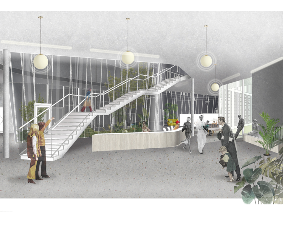 An open, welcoming reception area with biophilic elements that ease orientation and foster peaceful first impressions.