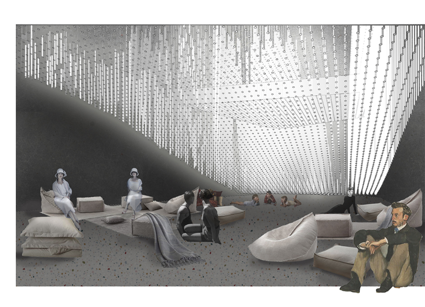 An immersive meditative space beneath glowing ceiling installations—designed to soothe, inspire, and support mental wellness.