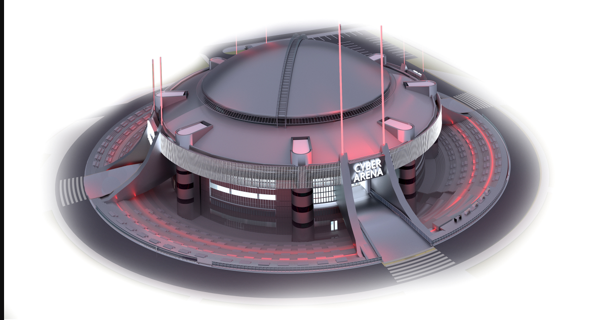 The Cyber Arena's spacecraft-inspired form glows with digital allure, embodying futuristic architecture in esports.