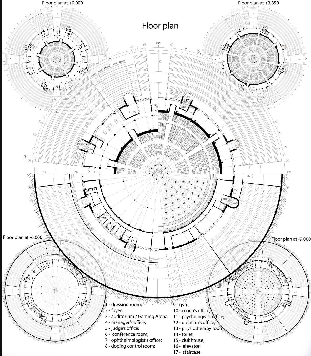 Detailed floor plans showcase the arena's zoning—from training and medical areas to gaming zones and audience seating.