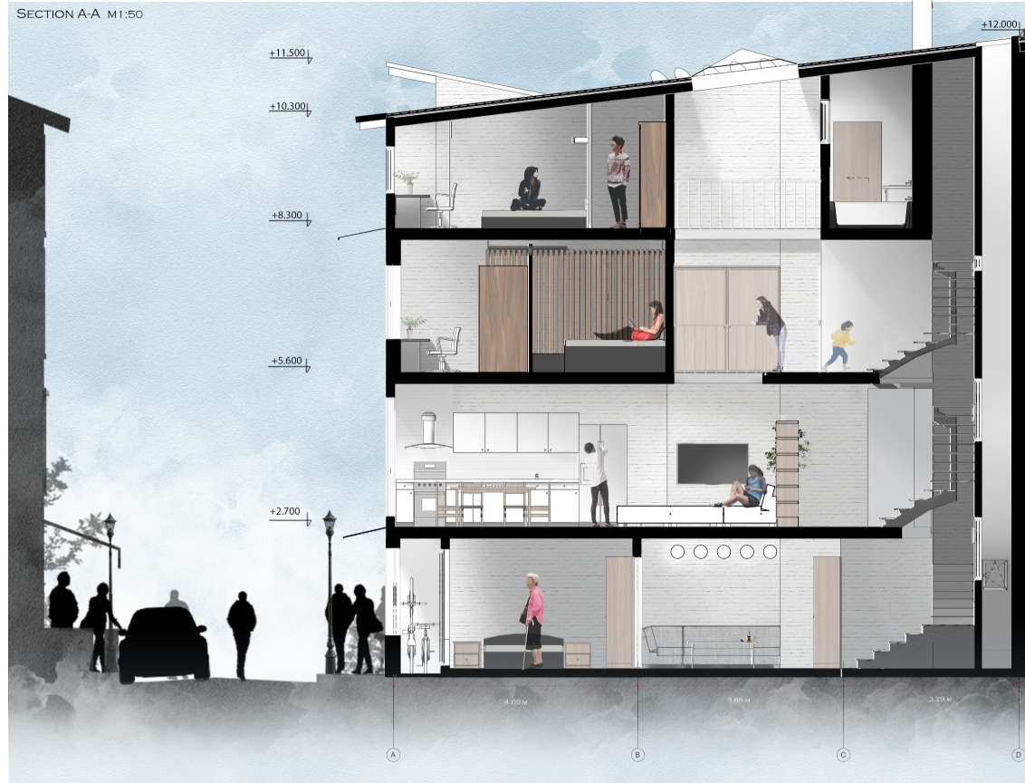 A cut-through reveals thoughtful vertical zoning, natural lighting via solar tubes, and spatial fluidity across floors.