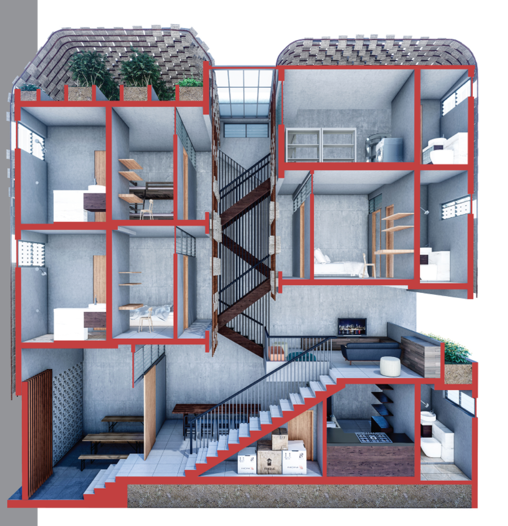 A multigenerational layout with split levels, showing dynamic space zoning from cafeteria to private rooms.