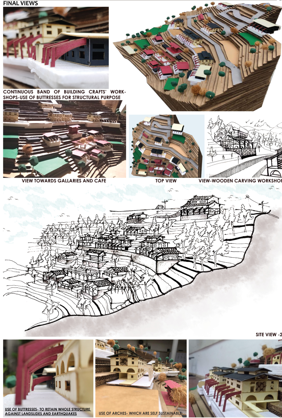 Architectural model showcasing terrain-responsive planning and vernacular resilience.