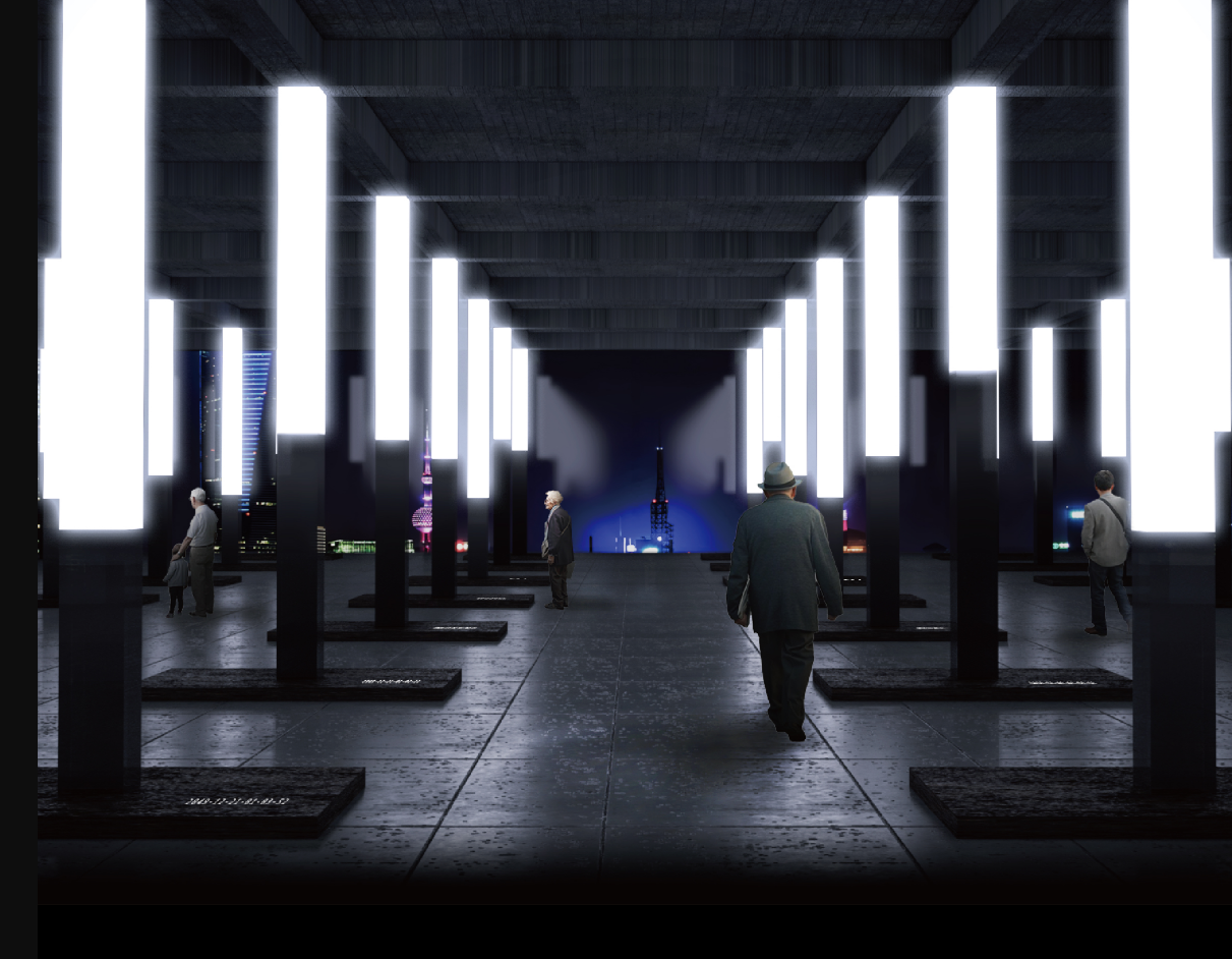 A contemplative corridor of illuminated memorial columns, each representing a life and its gradual fading from memory.