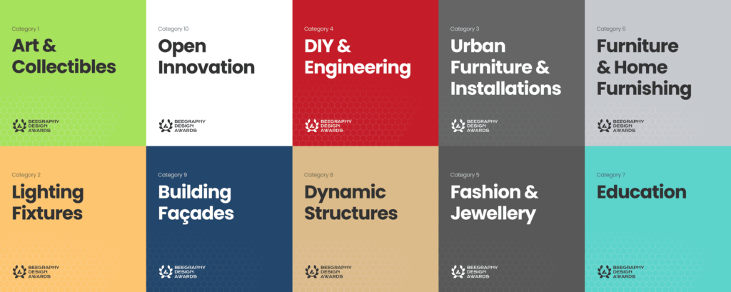 The 10 official categories of the BeeGraphy Computational Design Awards, covering a wide spectrum of computational design applications.