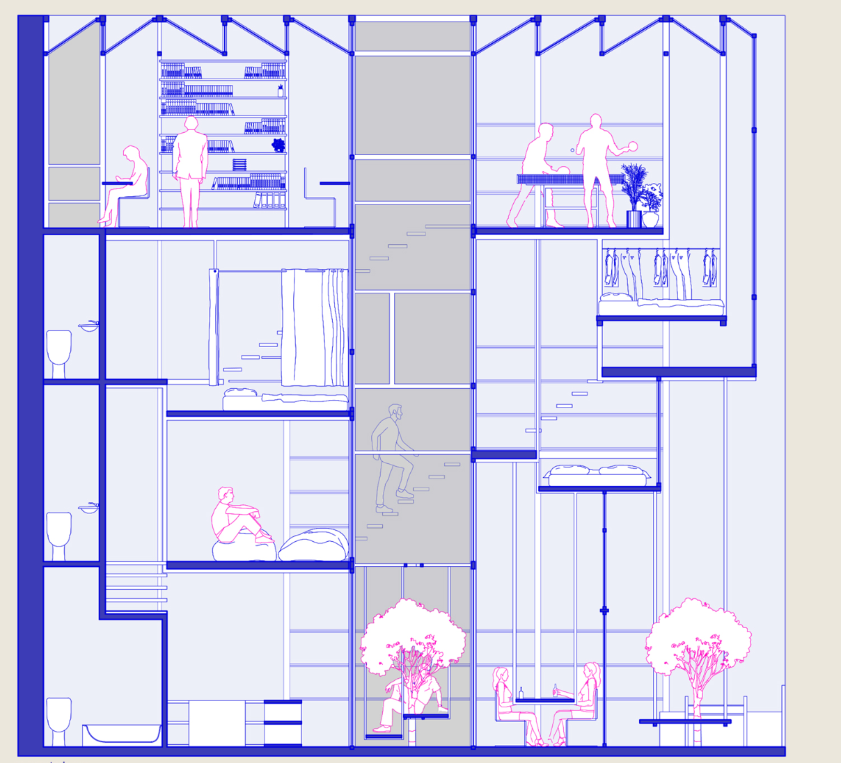 Vertical cross-section illustrating multifunctional spaces and shared areas stacked across different levels.