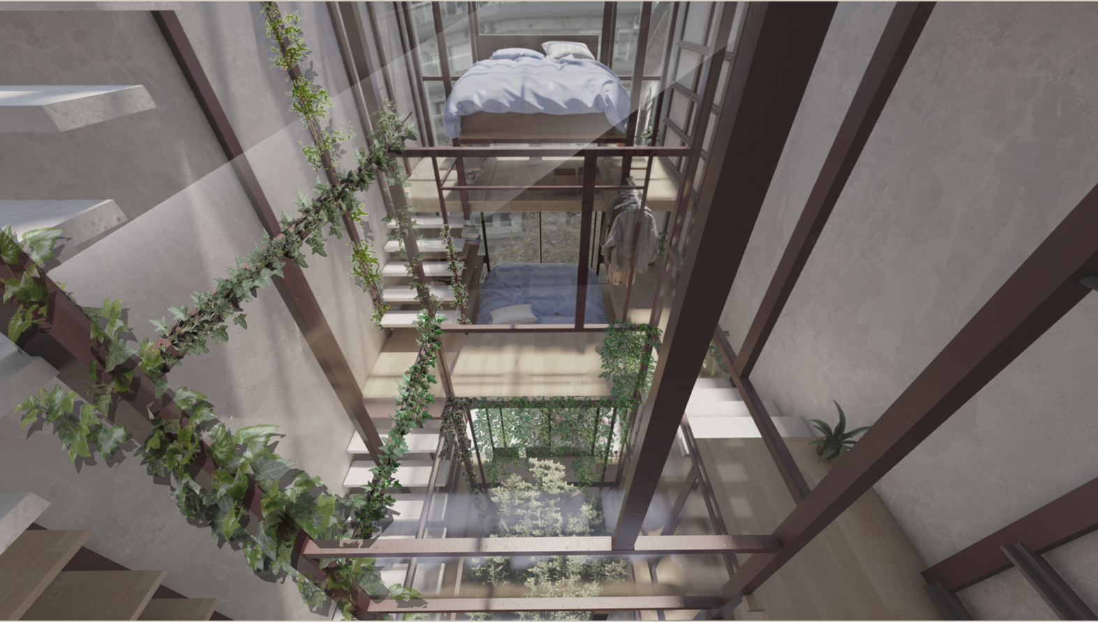 Perspective of the central atrium revealing green connections across floors, promoting daylight and air circulation.