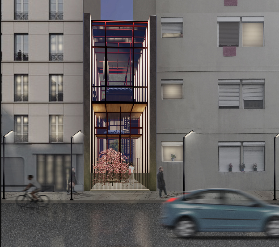 The building’s transparent façade integrates with the urban fabric while showcasing its vertical, communal layout.