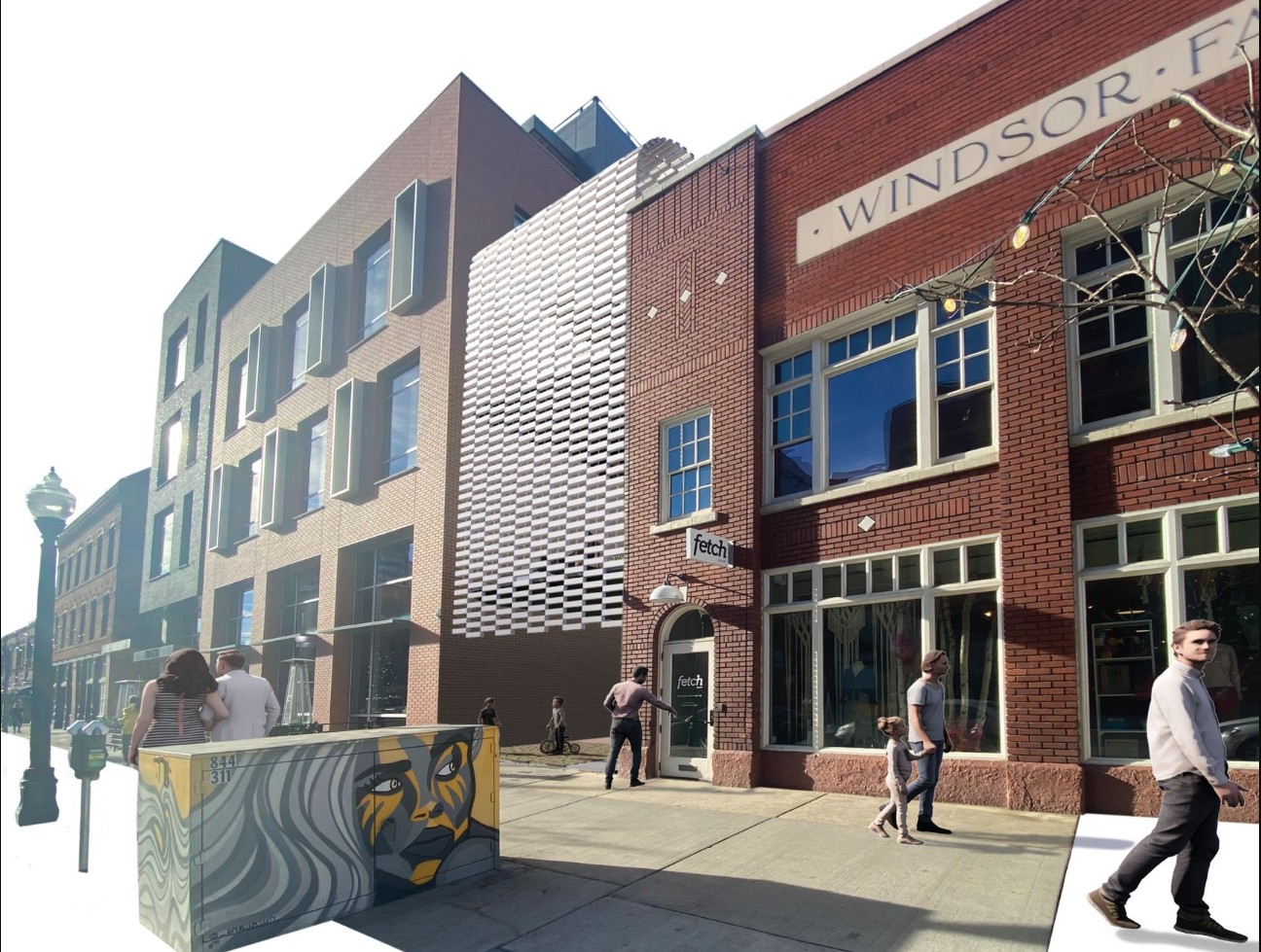 Street view of mixed brick and white tile facades with pedestrians walking on the sidewalk
