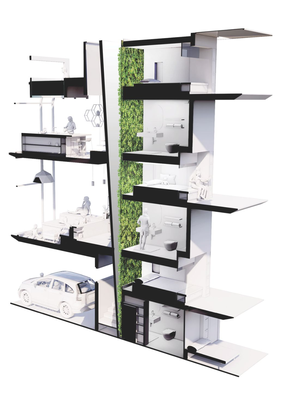 Section model showing stacked floor plates with vertical green wall and black balconies