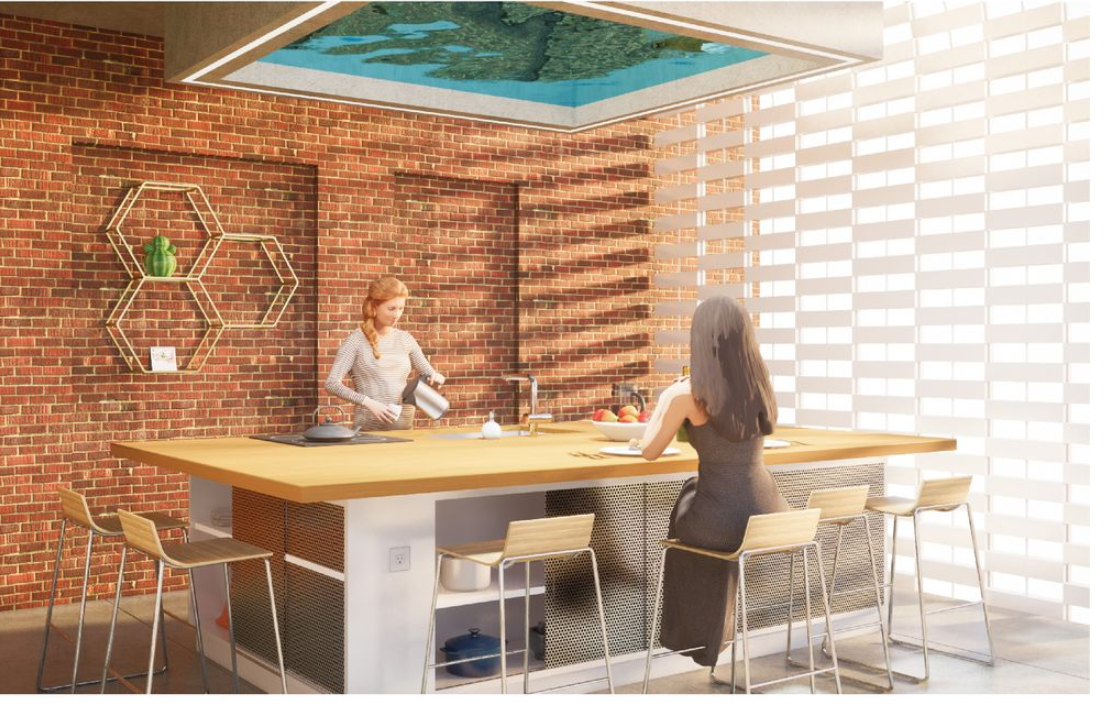 Communal kitchen with exposed brick walls, white perforated screen and two figures at a blonde wood table