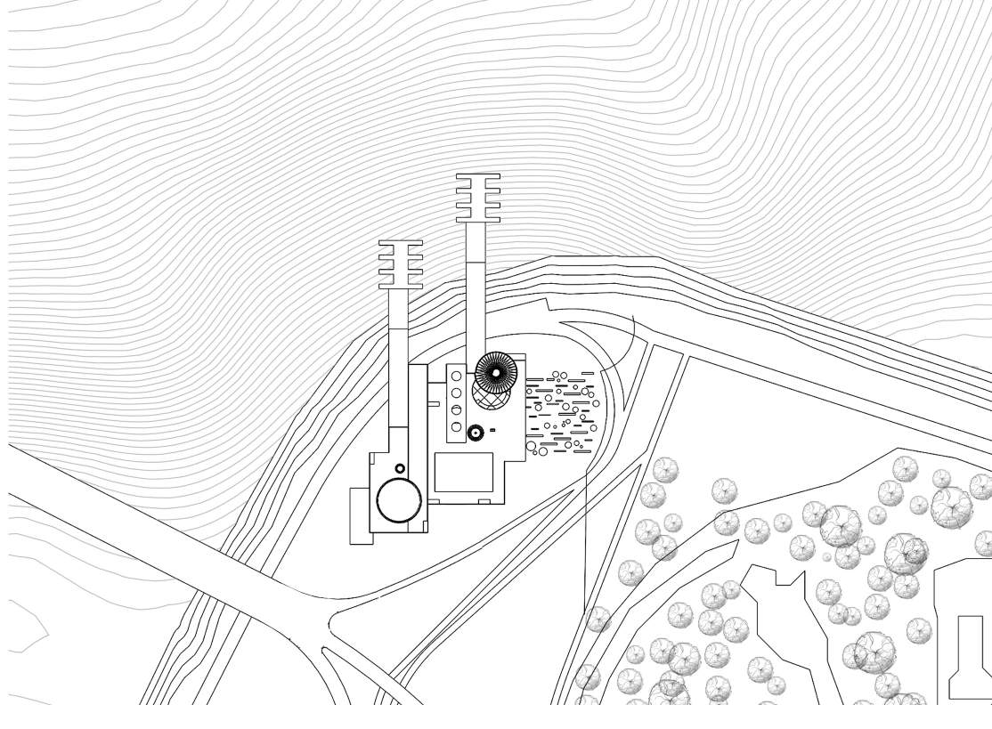 Site layout integrating the architecture with natural contours and a riverside park, enhancing indoor-outdoor flow.