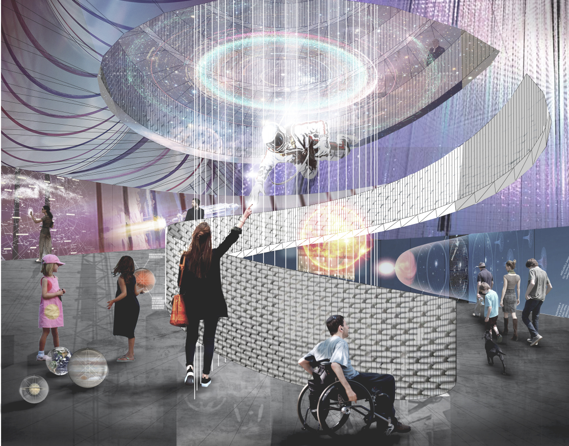 Visitors engage with immersive simulations of space, experiencing learning through interaction and play.