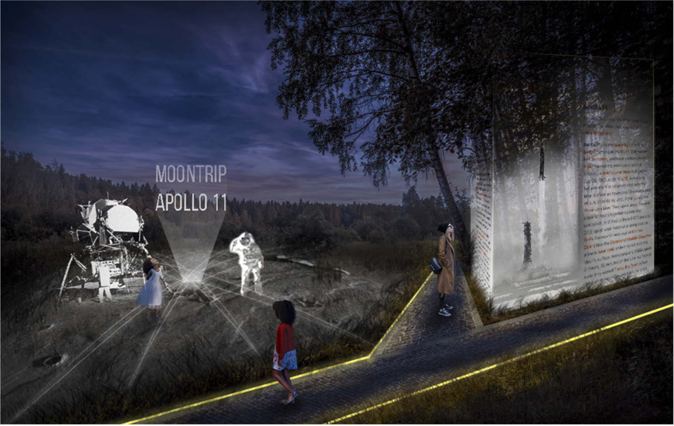 A night walk through history—honoring the Moon landing with projections and reflective storytelling.