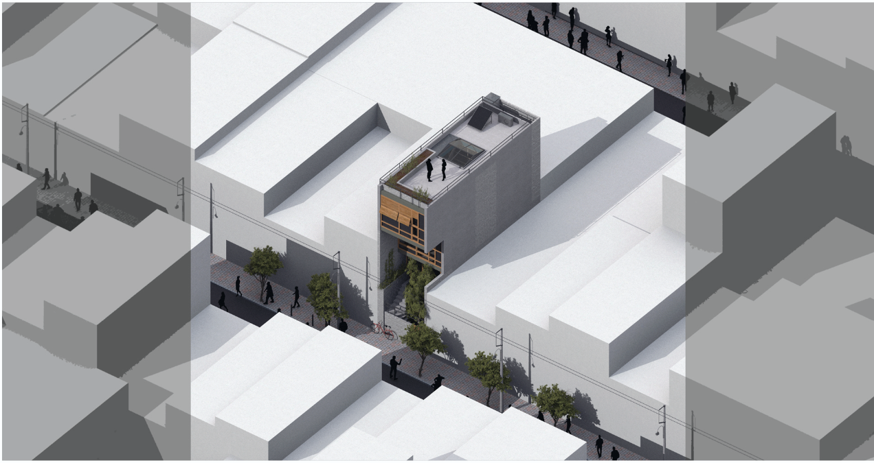 A compact vertical home seamlessly integrated into Piraeus’ dense urban fabric, showcasing rooftop greenery and solar access.