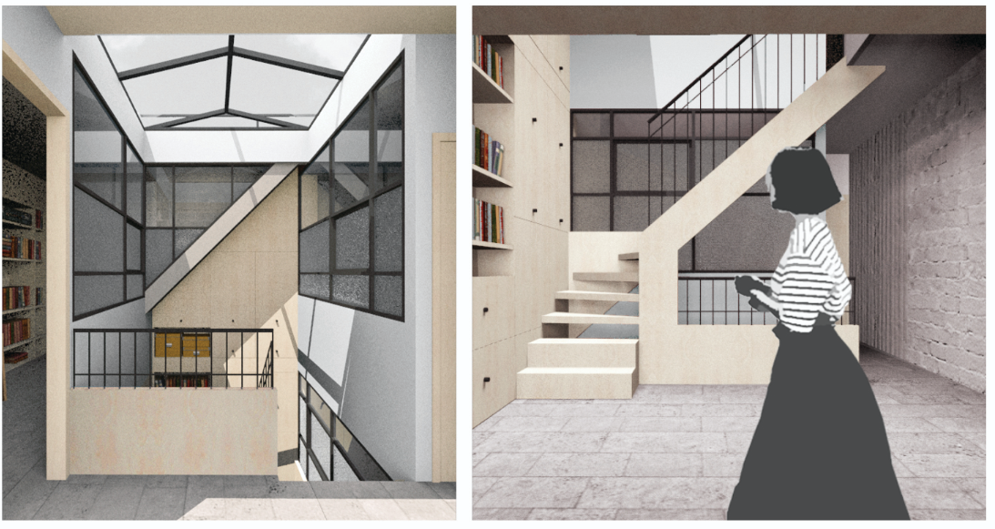 Central atrium with skylight ensures natural light and ventilation; minimal interiors prioritize openness and adaptability.