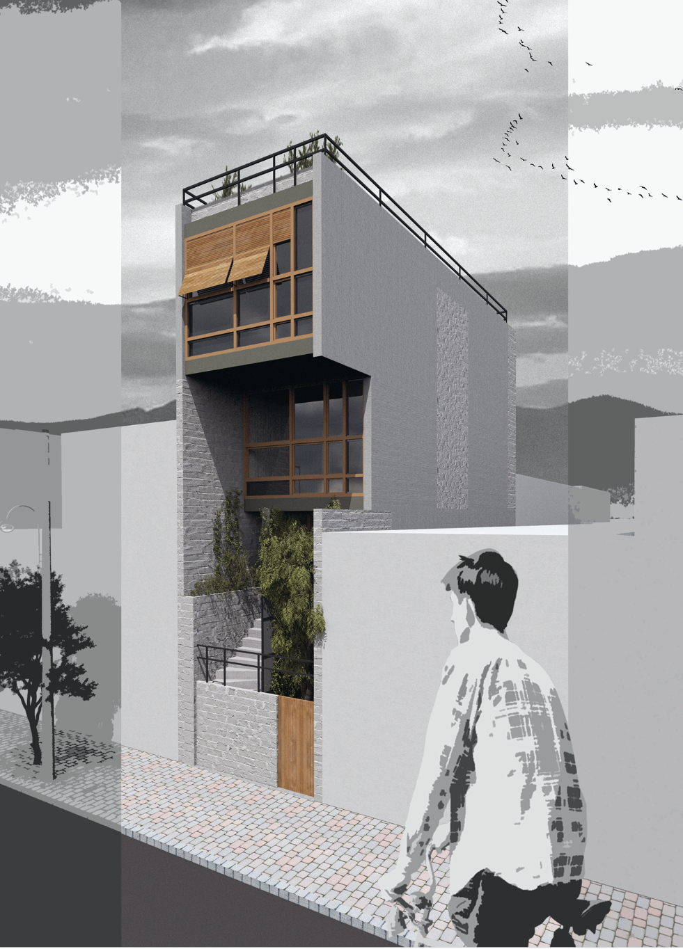 Contextual façade treatment with timber shutters and limestone finishes echoes local materials while ensuring privacy and comfort.