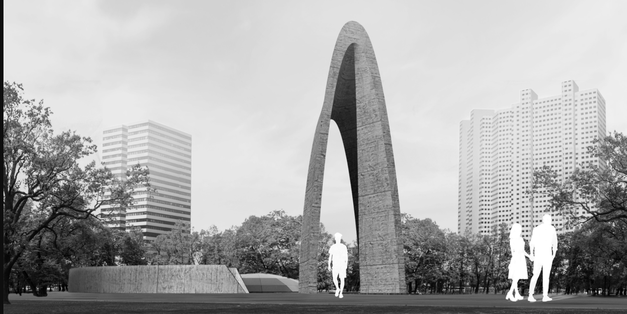 An iconic arched structure marks the transition from the world of the living to a space of sacred reflection.