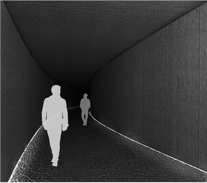 Visitors journey through a dimly lit concrete tunnel, emphasizing solitude and introspection on the path of remembrance.
