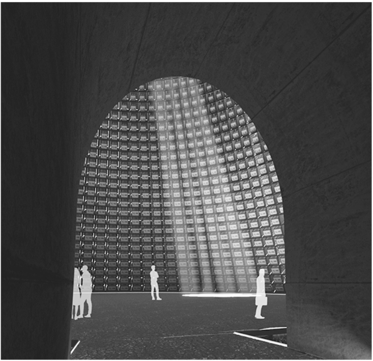 A vaulted columbarium interior illuminated from above, representing the soul’s transcendence and eternal presence.