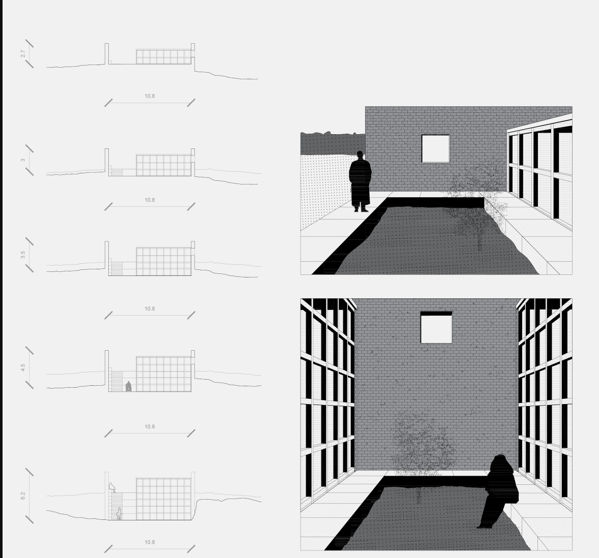 Level transitions illustrate the emotional journey embedded in the architecture.