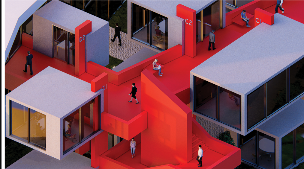 Elevated red walkways connect modular learning units, illustrating the project's emphasis on layered circulation and interaction.